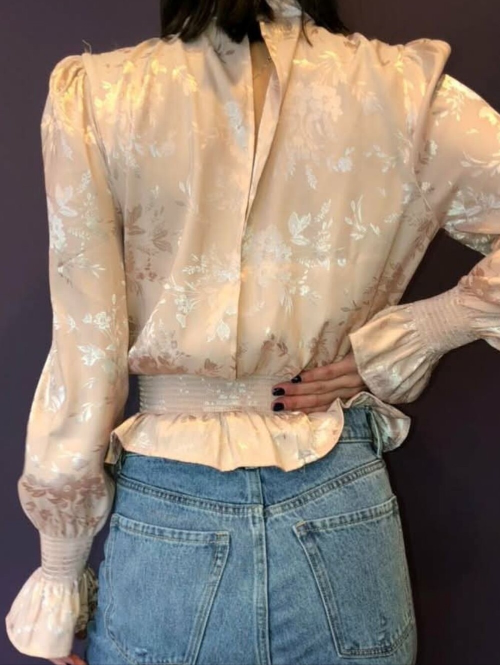Forever 21 Blush Pink Metallic Floral High-Neck Smocked Peplum Top - Picture 8 of 8